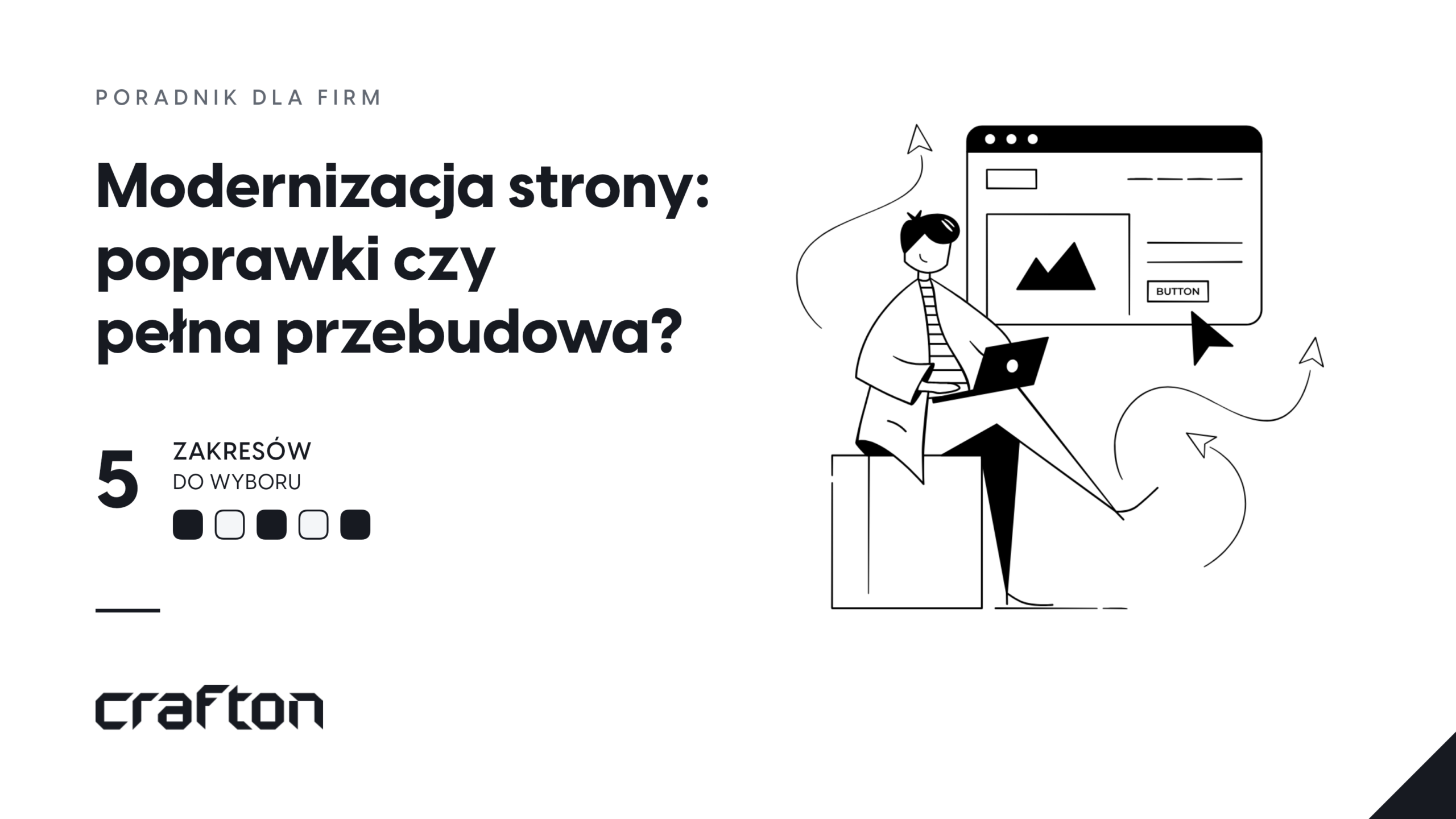 Pięć możliwych zakresów modernizacji strony: optymalizacja, lifting, redesign UX/UI, przebudowa technologiczna i migracja CMS.