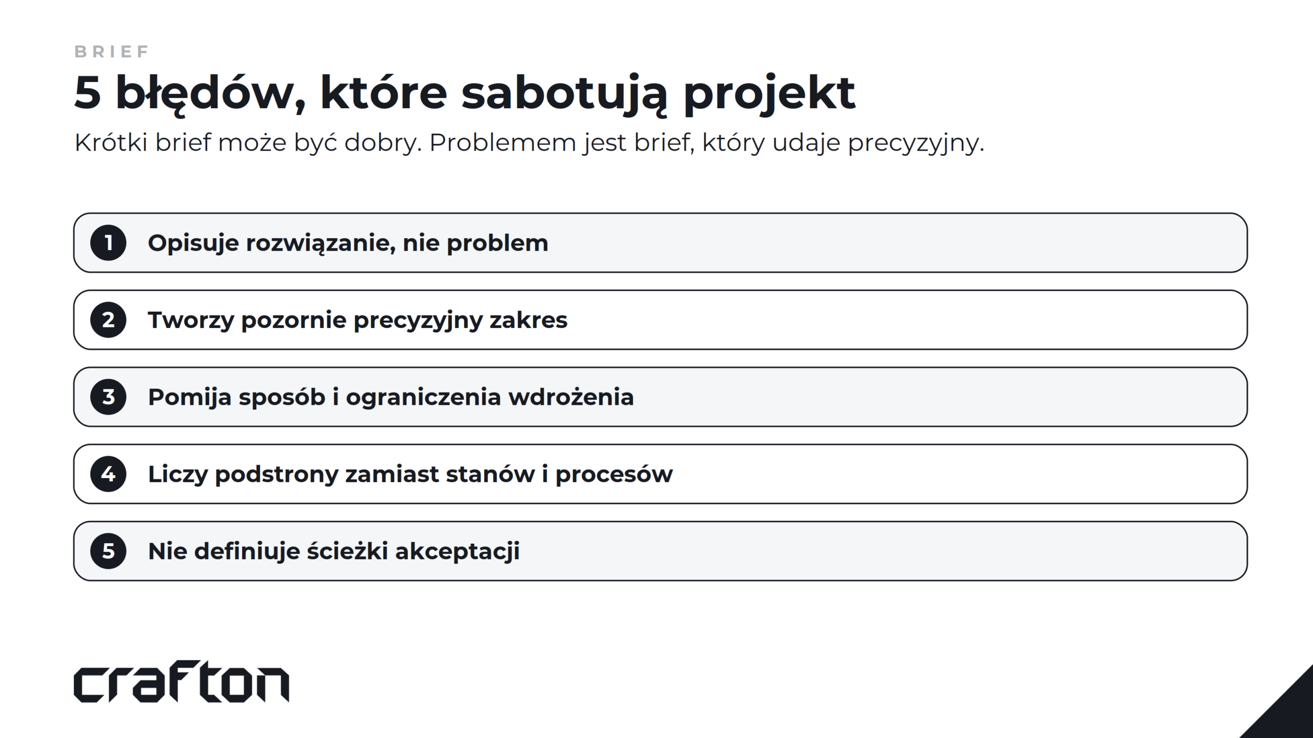 Pięć błędów w briefie: opisanie rozwiązania zamiast problemu, pozorna precyzja zakresu, brak informacji o wdrożeniu, liczenie podstron zamiast stanów i brak ścieżki akceptacji