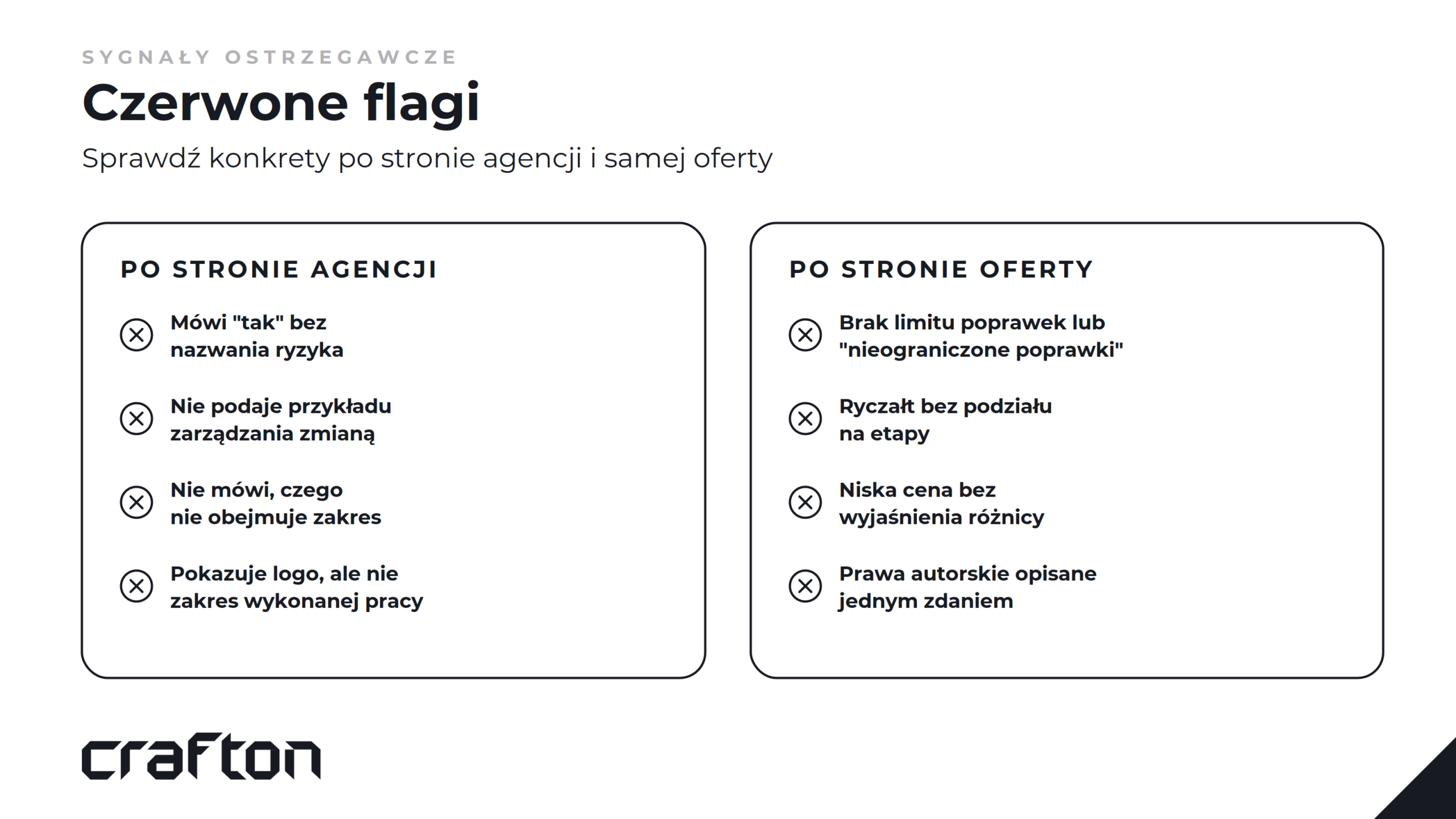 Czerwone flagi przy wyborze agencji UX/UI po stronie agencji i oferty, między innymi brak zarządzania ryzykiem, niejasny zakres i ryczałt bez podziału na etapy