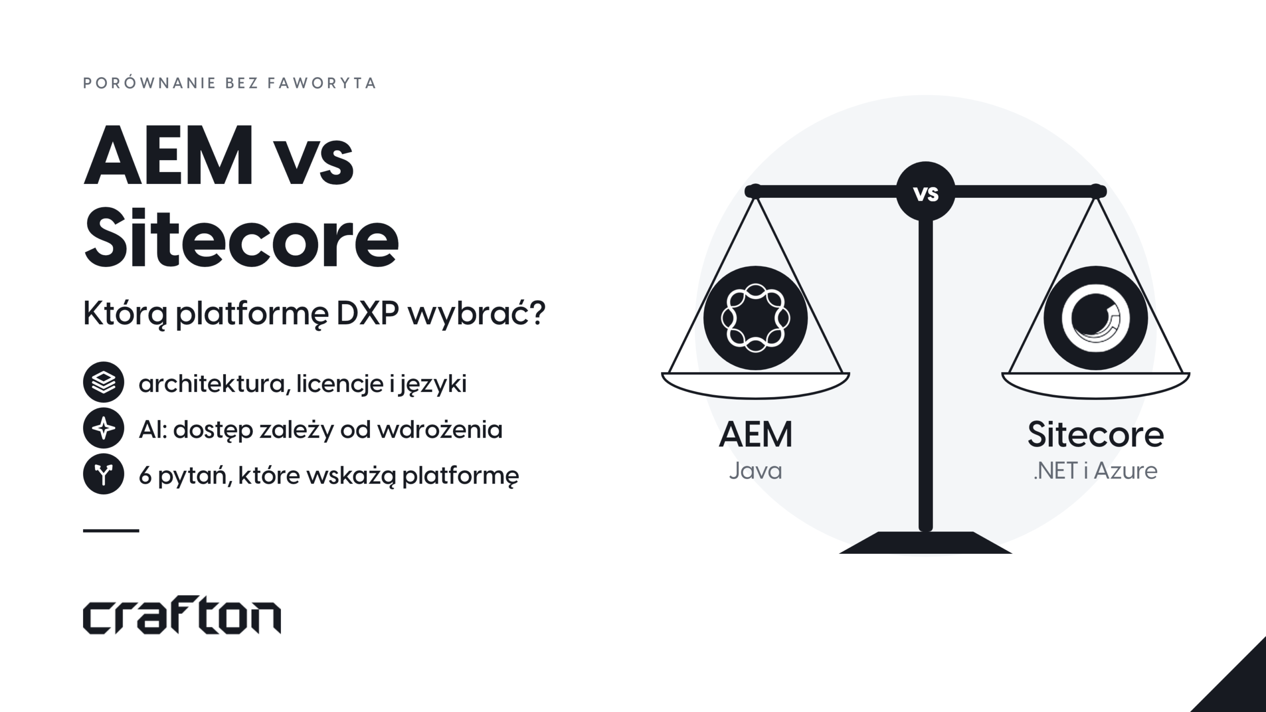 AEM vs Sitecore: logotypy obu platform na wadze w równowadze, porównanie architektury, licencji, języków i AI oraz 6 pytań, które pomogą wybrać platformę DXP.