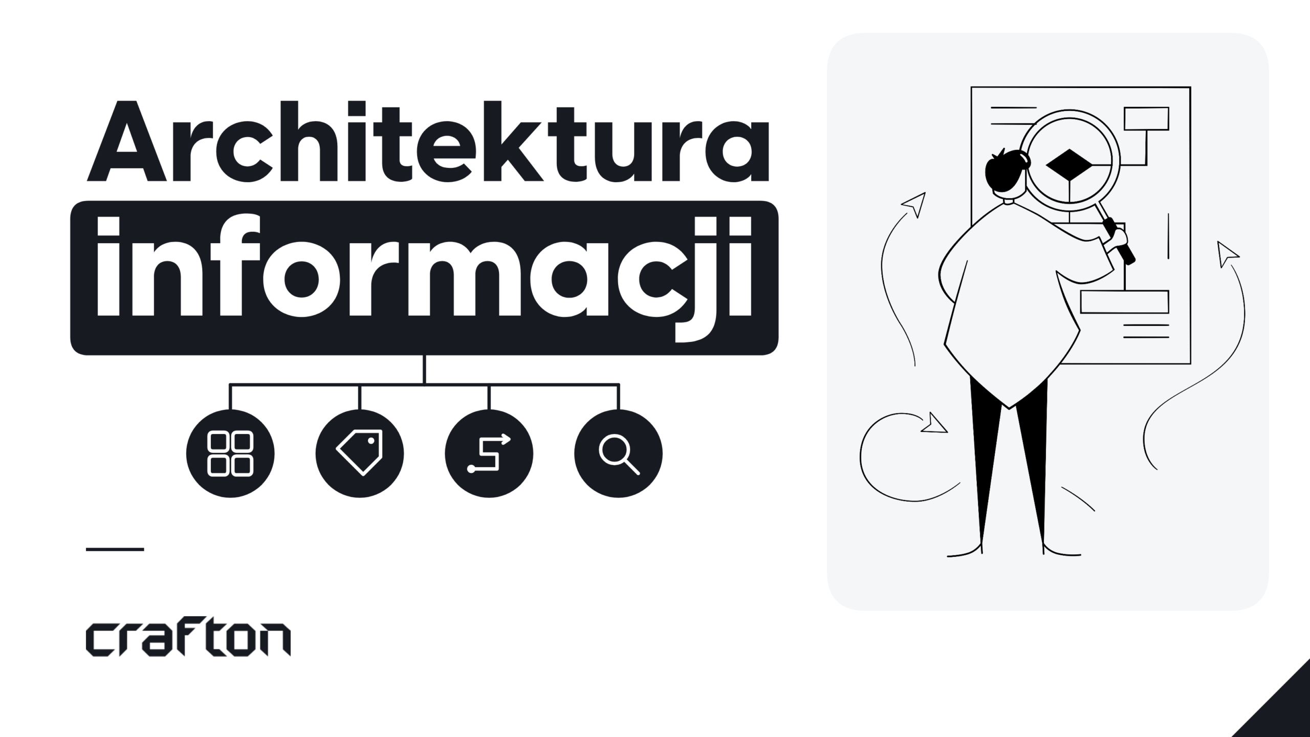 Architektura informacji: Craftonek z lupą przy schemacie struktury strony, obok drzewka z ikonami organizacji, etykiet, nawigacji i wyszukiwania