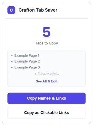 Okno Crafton Tab Saver z liczbą kart do skopiowania i przyciskami Copy Names & Links oraz Copy as Clickable Links