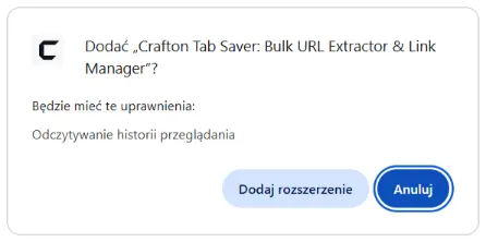 Okno instalacji Crafton Tab Saver w Chrome z ostrzeżeniem o dostępie do historii przeglądania 