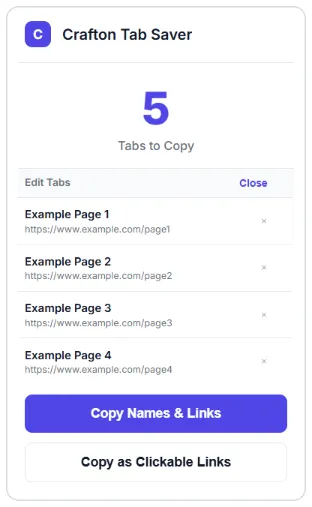 Tryb edycji w Crafton Tab Saver: lista kart z krzyżykami do usuwania pozycji przed skopiowaniem