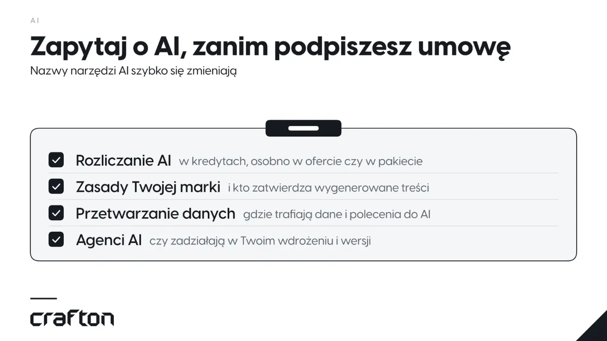 Cztery pytania do dostawcy AEM lub Sitecore przed podpisaniem umowy: jak rozlicza AI, jak AI przestrzega zasad marki, gdzie przetwarzane są dane i czy agenci AI zadziałają we wdrożeniu.