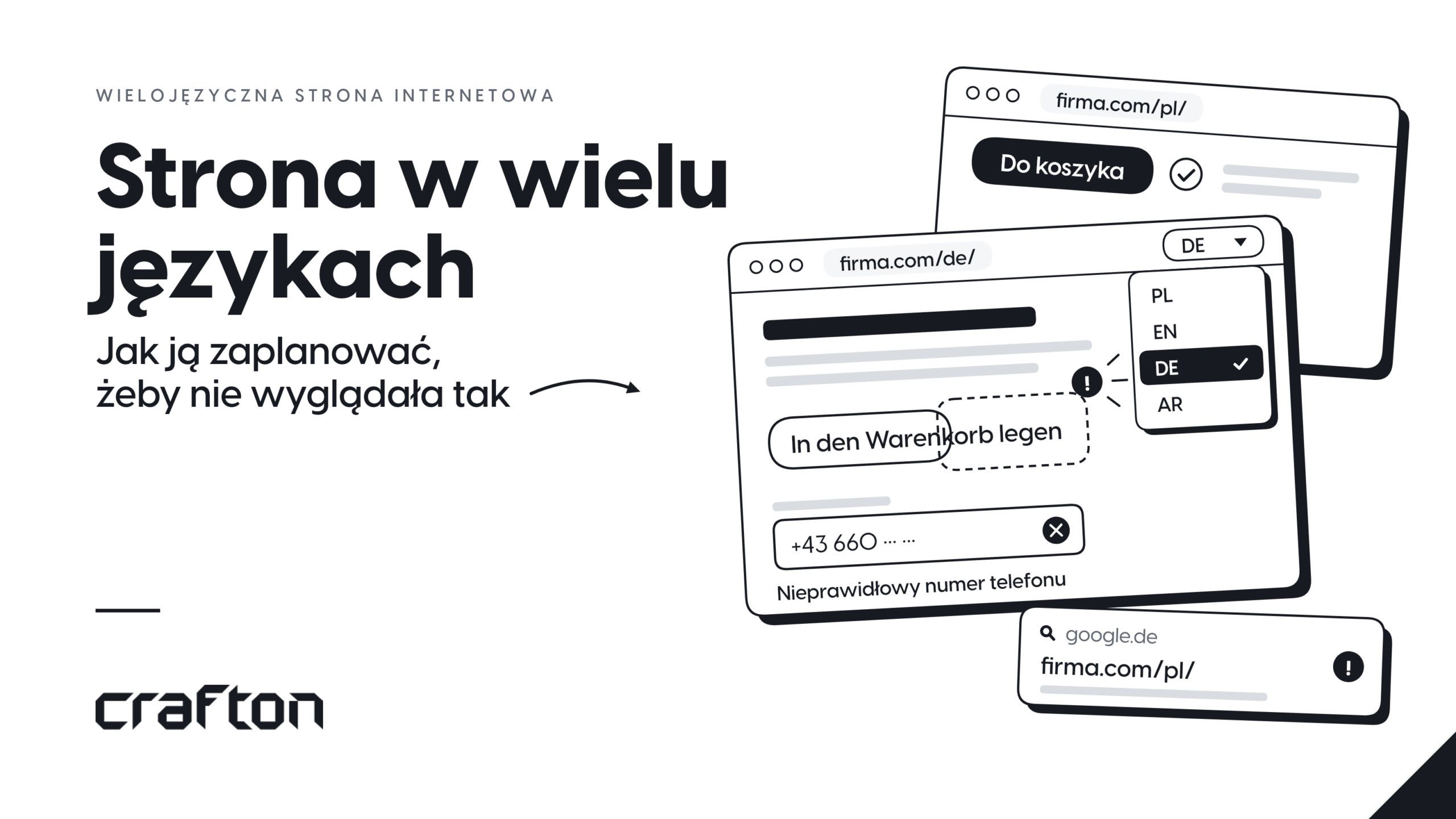 Strona w wielu językach i typowe błędy: za długi niemiecki napis na przycisku, odrzucony numer +43 i wersja /pl/ w google.de